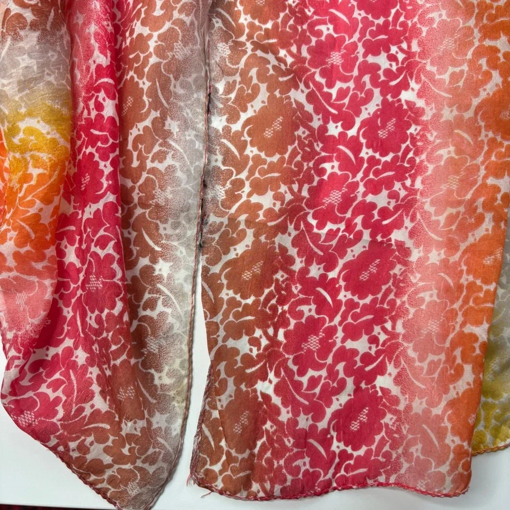 VTG Floral Silk Rectangle Scarf Ombre Red Orange Yellow Sunset Print Sheer Fairy